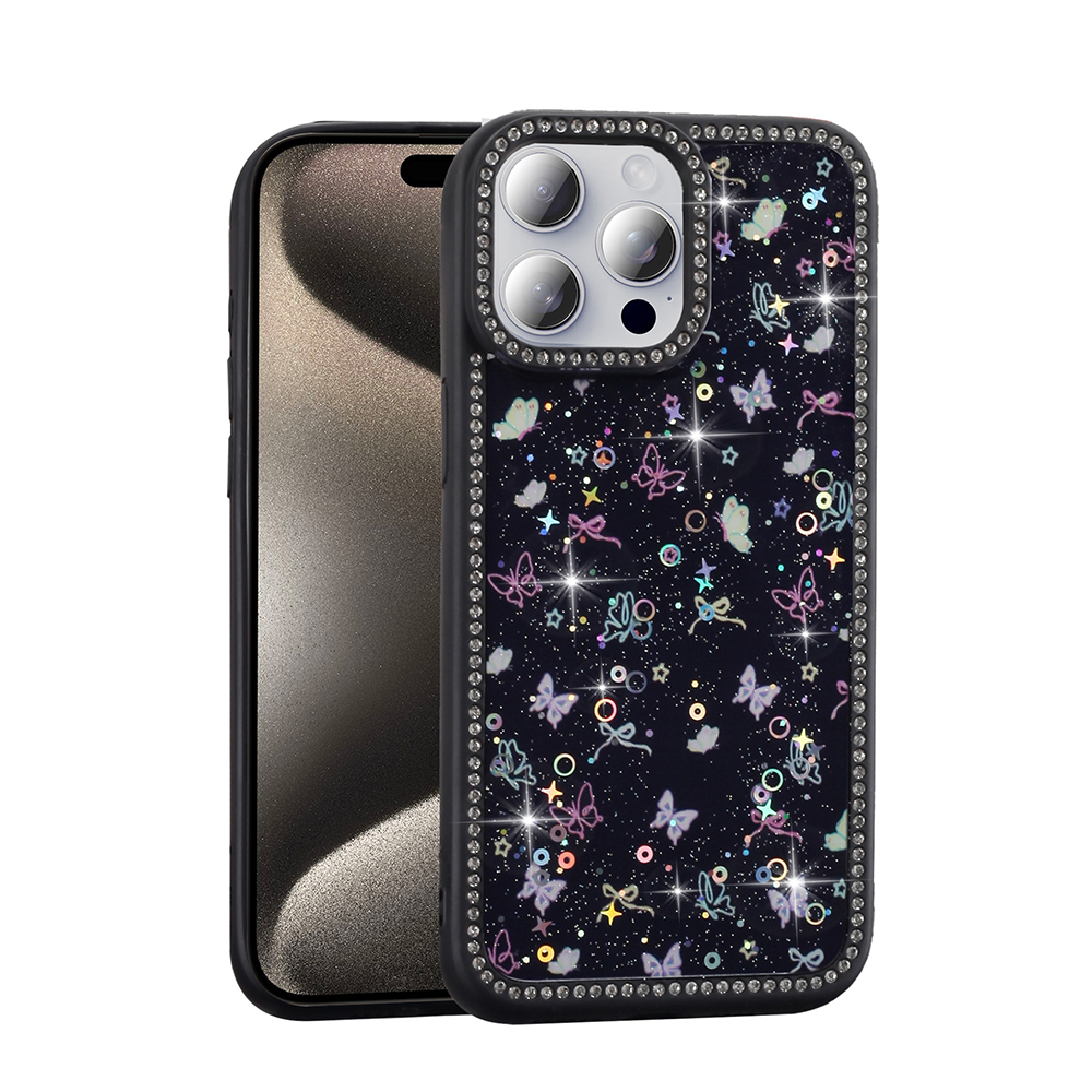 [RNZ-TA120589] Apple iPhone 15 Pro Uyumlu Kılıf Taşlı ve Simli Tasarım Zore Azra Kapak (Siyah)