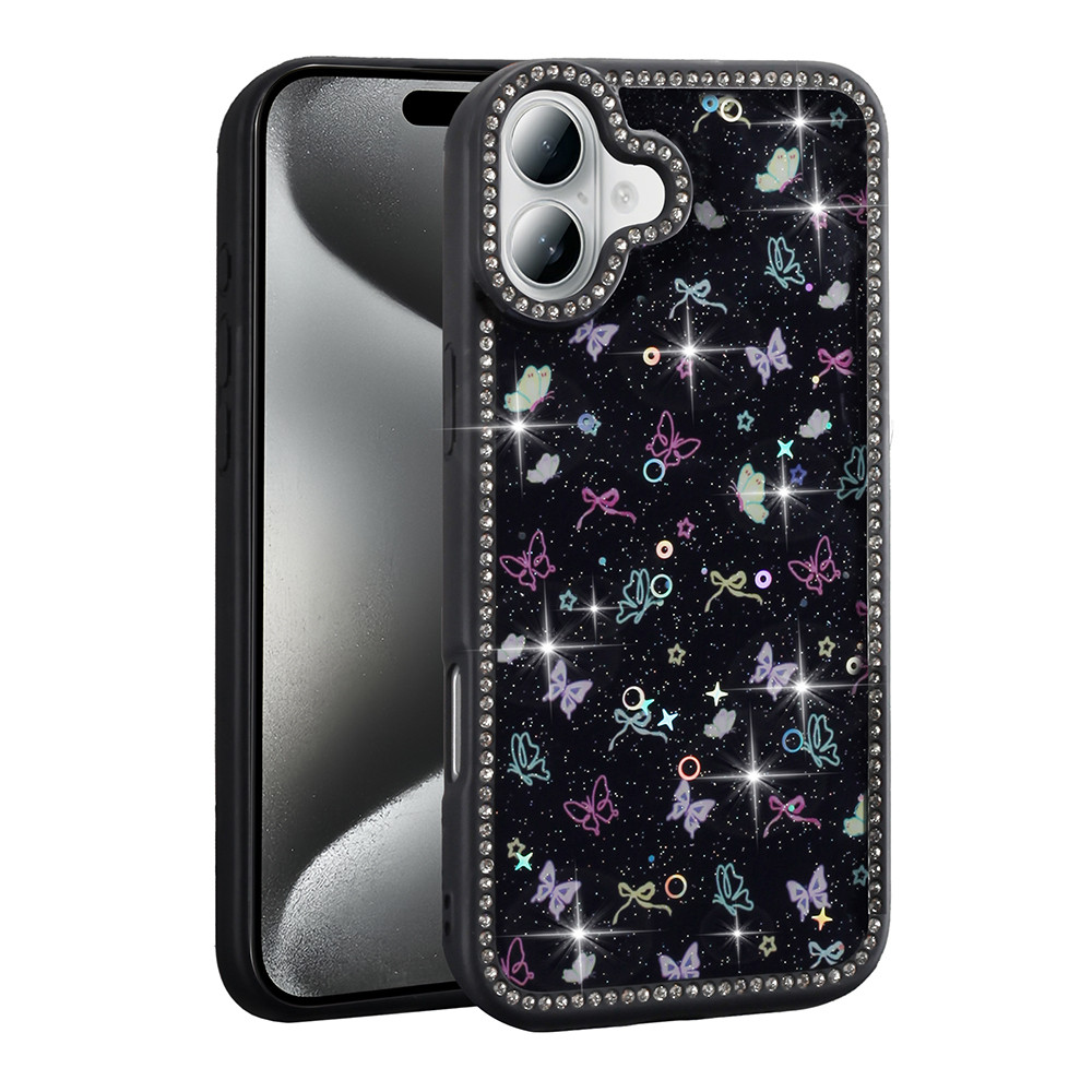 [RNZ-TA120601] Apple iPhone 16 Uyumlu Kılıf Taşlı ve Simli Tasarım Zore Azra Kapak (Siyah)