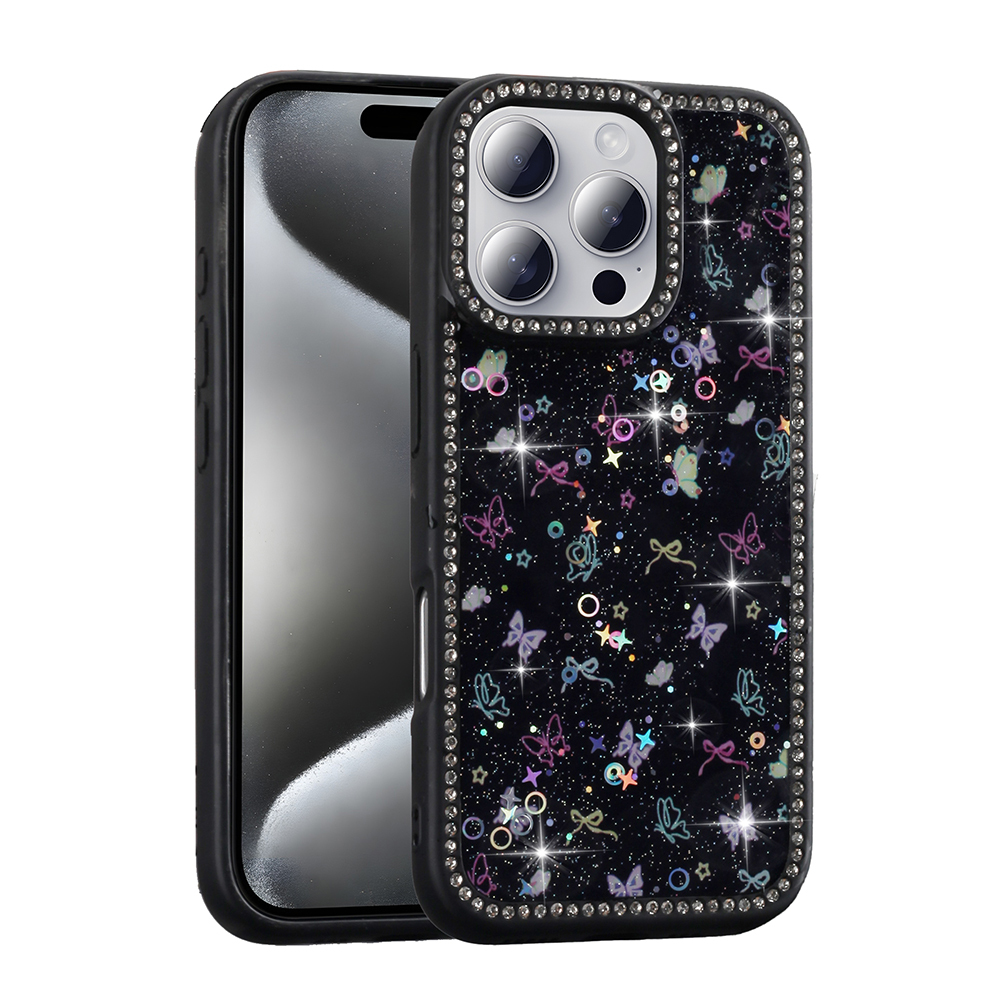 [RNZ-TA120613] Apple iPhone 16 Pro Uyumlu Kılıf Taşlı ve Simli Tasarım Zore Azra Kapak (Siyah)